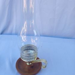 Glass Hurricane Pillar Candle Holder Lamp w/ Wood & Brass