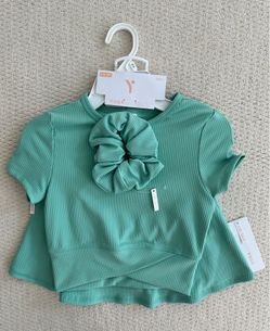 Yogalicious Dusty Jade Green Rib Maisie Top + Rib Summer Skort + Jumbo Scrunchie Set Size M (10)
