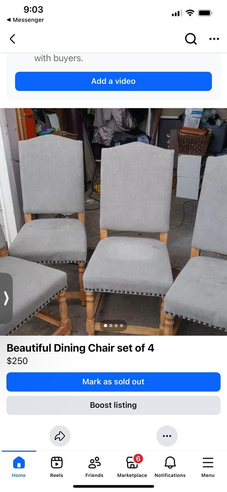 Beautiful dining chairs, elegant gray in color, with real wood legs. There are 6 chairs, they need a new home.