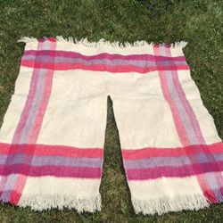 Vintage Wool Blanket Poncho 1970s Pink Purple Cream Tartan Plaid