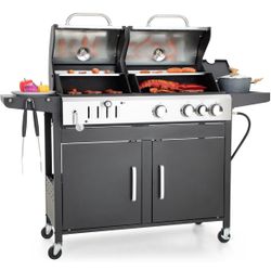 Captiva Designs Propane Gas Grill and Charcoal Grill Combo with Side Burner & Porcelain-Enameled Cast Iron Grate, Dual Fuel BBQ Grill for Outdoor Even