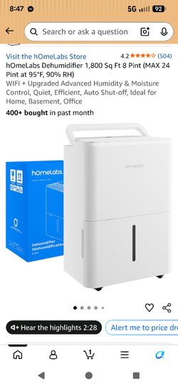 hOmeLabs 8 Pint Dehumidifier 1800 Sq Ft