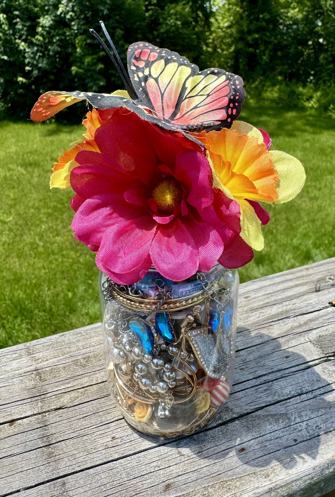 Floral Butterfly Plastic Mason Jar Filled with Mystery Costume/Fashion Jewelry
