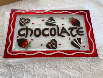 Brand New Chocolate Dessert Clear Glass & Metallic Red Large Serving Platter 16.5" x 10"