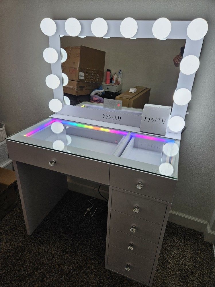Brand New VAnity With RGB Light Inside Desk And Hollywood Mirror $749
