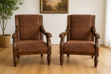 Pair of Ashley Furniture Solid Wood Carved Accent Chairs – Excellent Condition