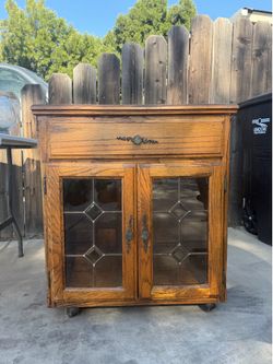 Vintage Solid Oak Leaded Glass Accent Cabinet