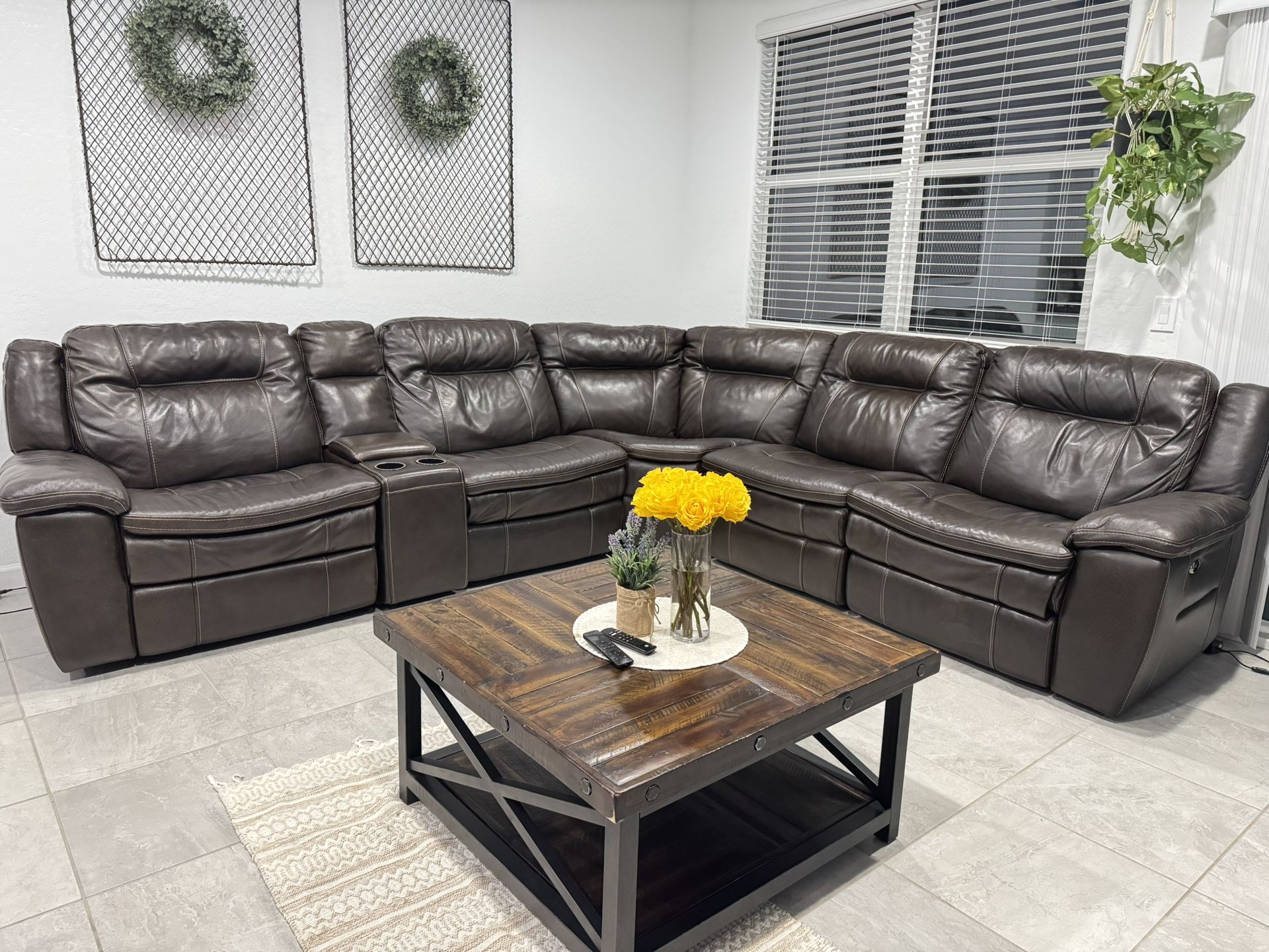 Dark Brown Power Reclining Leather Sectional Couch