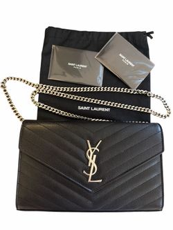 Saint Laurent YSL Monogram Wallet on Chain in Grained Leather Black and Silver