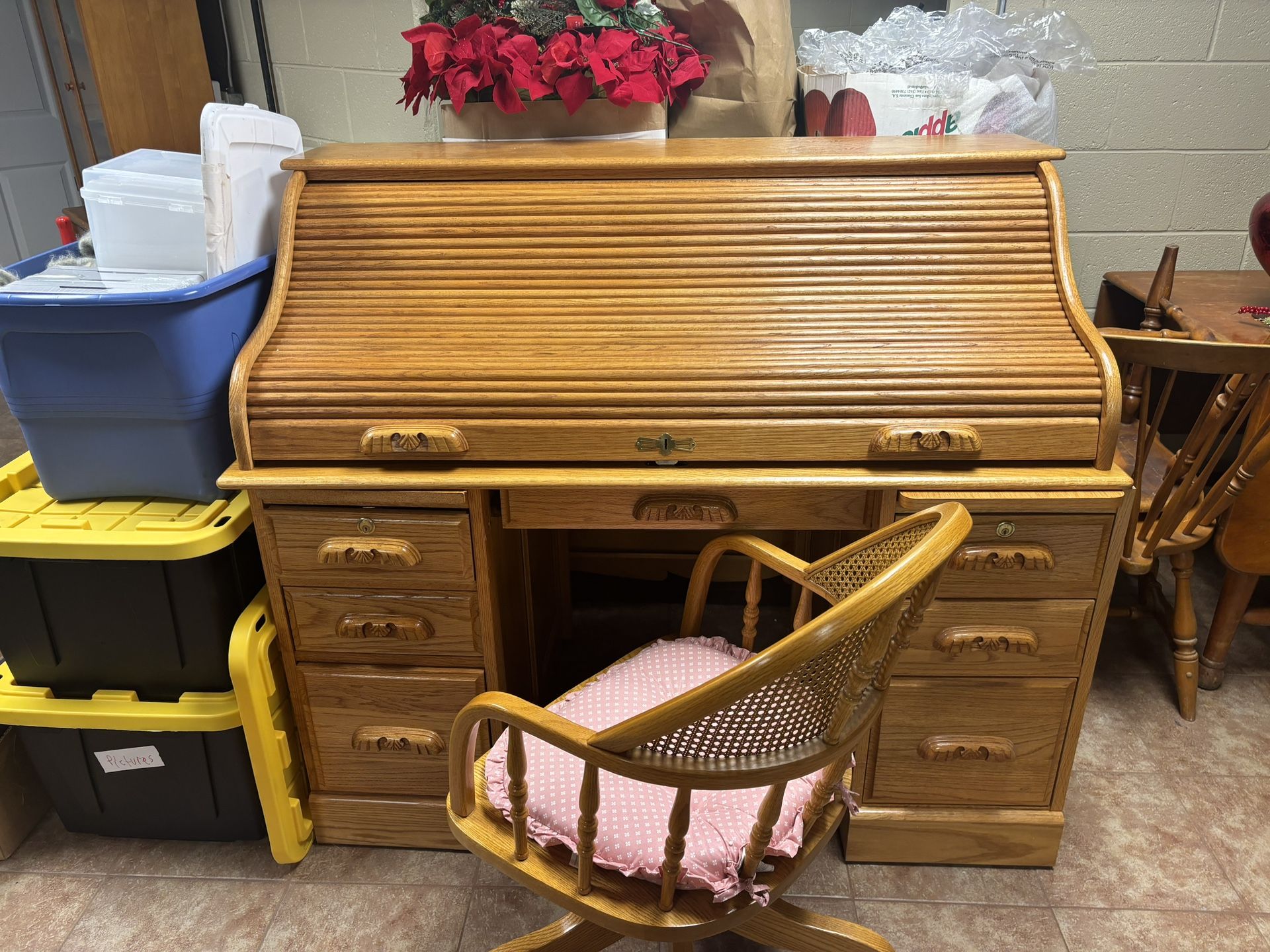 Roll Top Wooden. Desk With Filing Cabinet and Chair