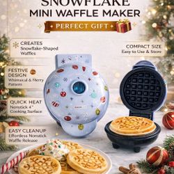 Dash Snowflake Mini Waffle Maker 4” Nonstick Holiday Edition New 350W Light Blue