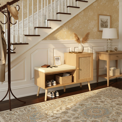 Selene Rattan Shoe Storage Bench with Shelves, Natural Finish