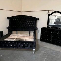 Bedroom Set Black Velvet New 4 Pieces Glam Set
