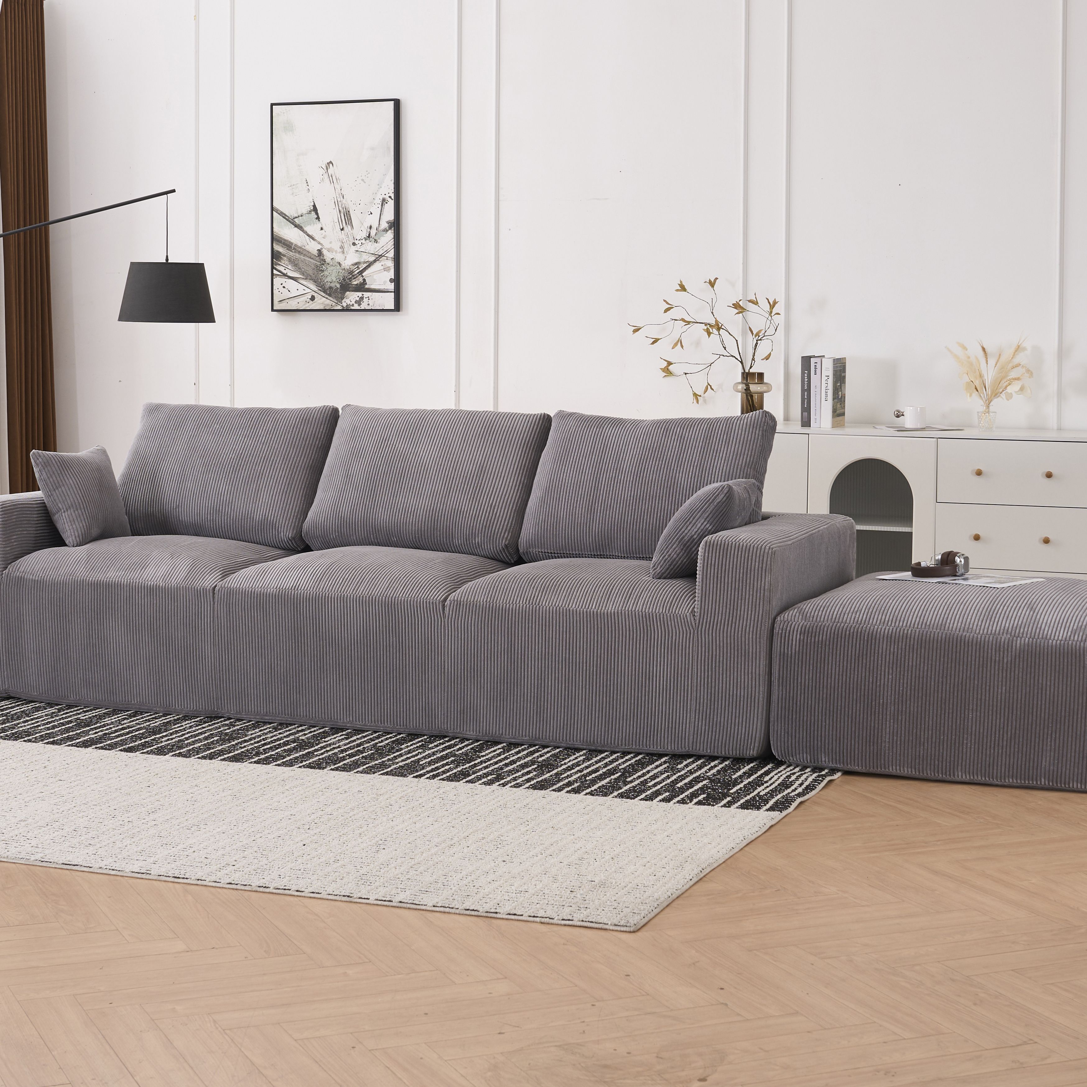 Boneless Sectional Cloud Couch Sofa for Living Room, 113 U-Shaped Modular Modern Lounge Sleeper Grey Couches with Chaise, No Assemble, Cordury Compres