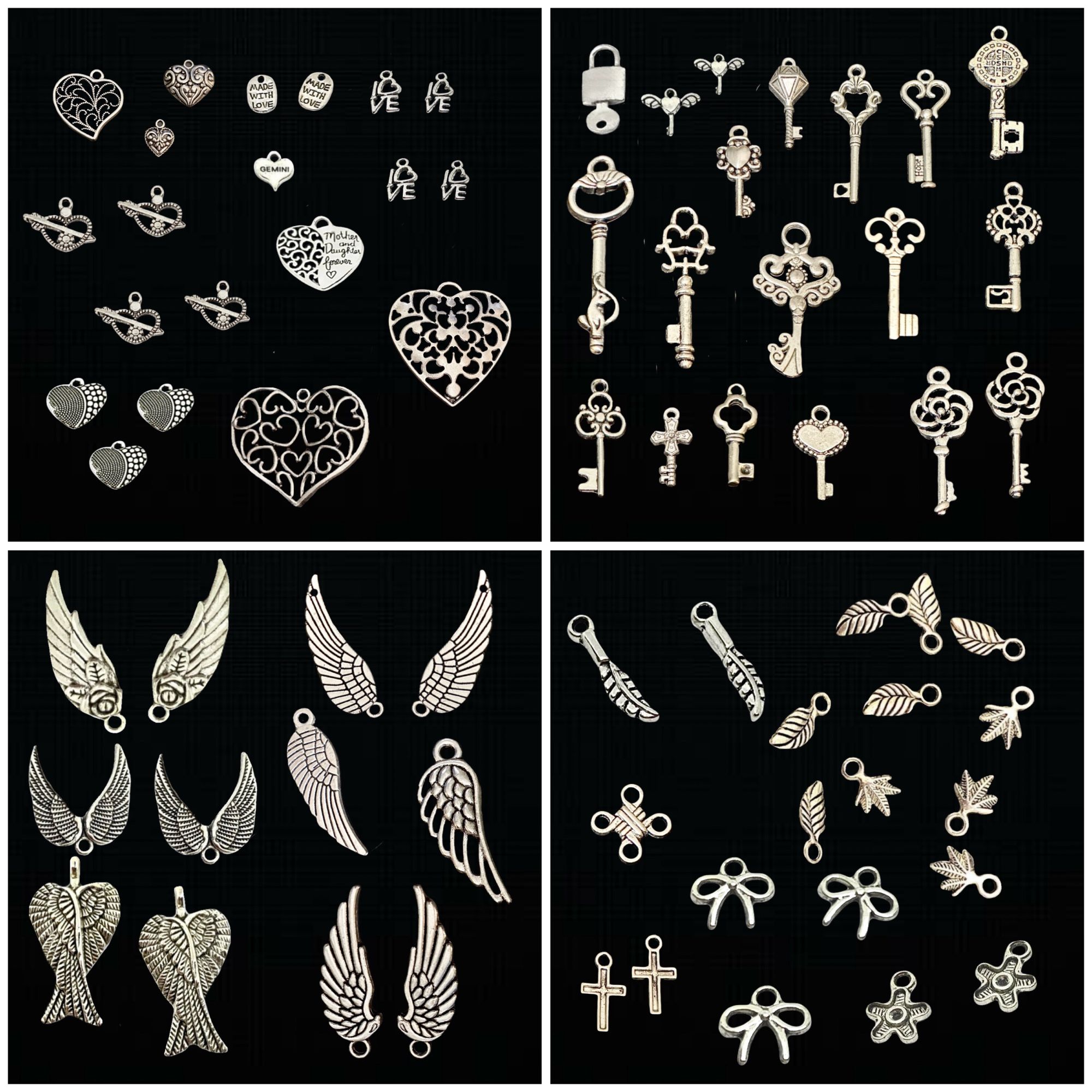 76 Pcs Slvr Metal Charms Heart, Key, Wing, LOVE, Floral, Leaf DIY Jewelry Making
