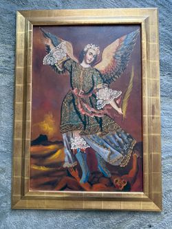 Archangel Michael Defeating Satan Painting Gold Textured Religious Framed Art