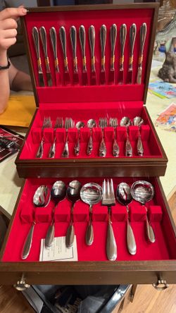 Gold‑trim flatware set – service for 12 in wood chest – excellent condition – $75 OBO