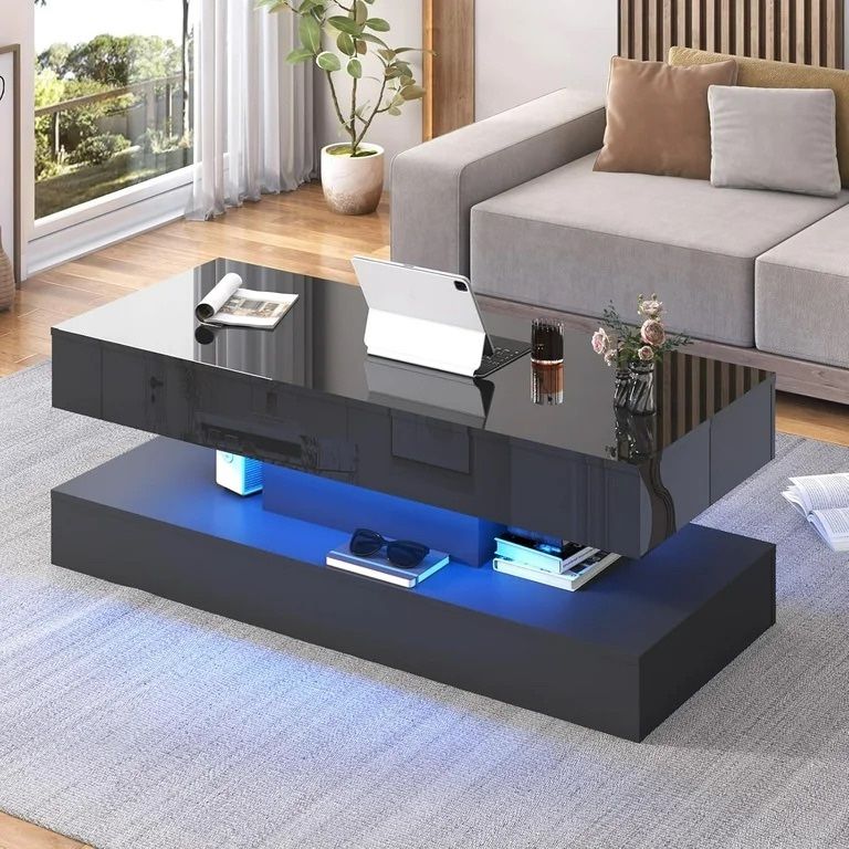 40" High Glossy LED Coffee Table Living Room Coffee Table with LED Lights, Modern Double-Layer Center Table