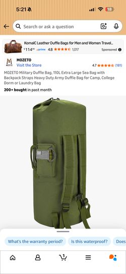 MOZETO Military Duffle Bag, 110L Extra Large Sea Bag with Backpack Straps Heavy Duty Army Duffle Bag for Camp, College Dorm or Laundry Bag