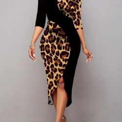 Leopard Splicing Dress, Elegant Keyhole 3/4 Sleeve Slim Crew Neck Pencil Dress, Women's Clothing