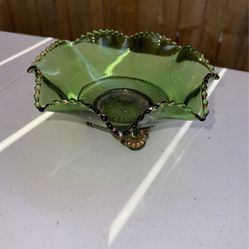 Vintage Mid Century Green And Gold Rimmed Glass Footed Bowl 