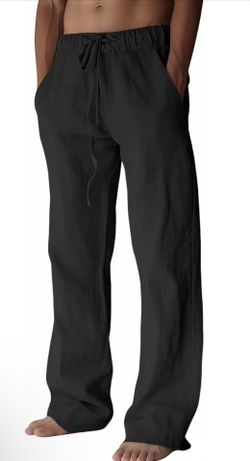 Men’s Black Solid Lounge Pants L Polyester Knit Drawstring Elastic Waist
