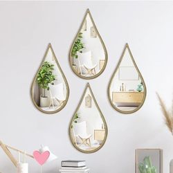 Decorative Mirrors Wall Mounted Mirror Teardrop Shape Metal Frame for Bedroom Living Dining Room Entryway Bathroom Vanity (Rusty Vintage Gold, 4-Pack