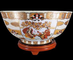 Vintage Hand-Painted 14” Decorative Moriage Bowl – Japanese Satsuma Style – Raised Gold – China
