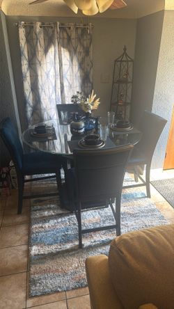 Dinning Table Glass Top Four Blue Velvet Bar High Stools 