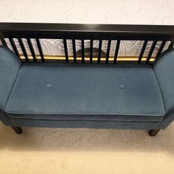 Button-Tufted Blue Velvet Bench with Rolled Armrests for Living Room or Bedroom
