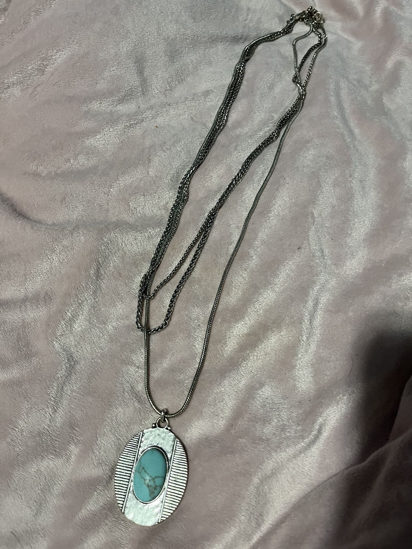 Vintage Faux Turquoise Pendant Necklace, Triple Chain Layered Retro