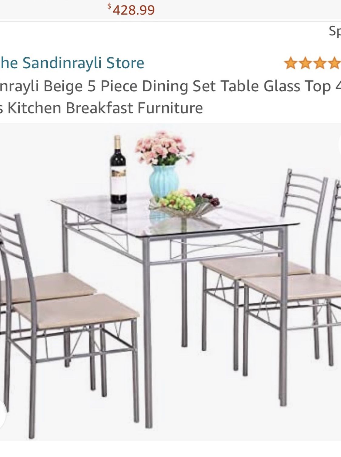 BRAND NEW! Sandinrayli Beige 5 Piece Dining Set Table Glass Top 4 Chairs Kitchen Breakfast Furniture