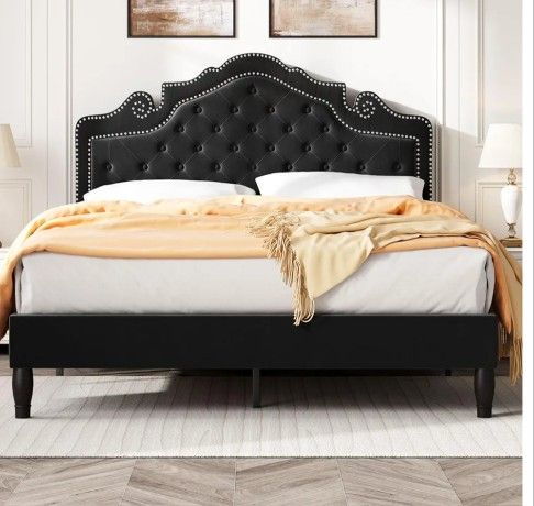 SHA CERLIN Queen Bed Frame with Adjustable Headboard/Velvet Upholstered/Diamond Button Tufted and Metal Studs/No Box Spring Needed/Wood Slat Support/E