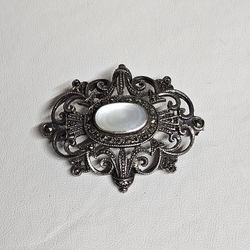 Sterling Silver  Brooch with Marcasite and Mother of Pearl Center