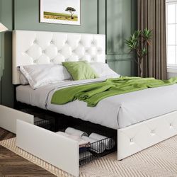 Allewie Upholstered Full Size Platform Bed Frame with 4 Storage Drawers and Headboard, Diamond Stitched Button Tufted, Mattress Foundation with Wooden