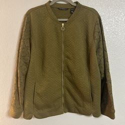 Isaac Mizrahi Quilted lace Olive green zip up Bomber Jacket sweater Size XL