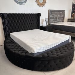 Black Velvet Tufted Upholstery King Round Platform Bed Frame With Storage Home Decor Outdoor 