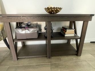 Dark Brown Wood Console Table with Shelves