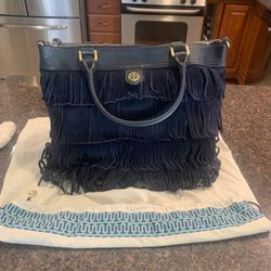 Tory Burch Fringe Suede Large Tote Tory Navy With Leather Shoulder Stap