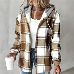 Scacto Woman’s Plaid Pattern Long Sleeve Jacket Button Down Fleece Khaki XL