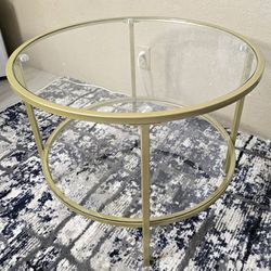 Glass Coffee Table, 25.6" Round Champagne Gold Coffee Tables for Living Room, 2-Tier Glass Top Coffee Table with Storage Clear Coffee Table

