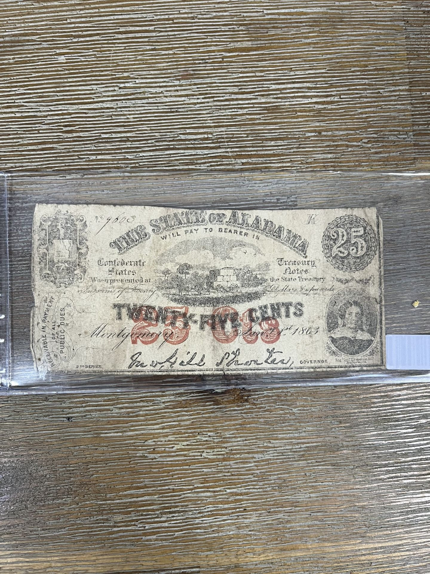 25-cent fractional currency note issued by the State of Alabama on January 1, 1863 American Civil War