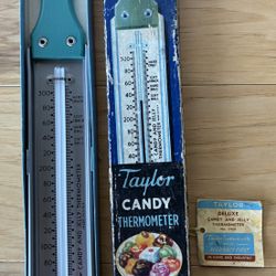 Vintage Taylor Candy & Jelly Thermometer, Stainless Steel, Blue Wood Handle w/box.