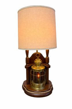 Vtg Mid 20th Century Nautical Ships Lantern Brass & Mahogany Table Lamp