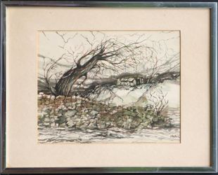 River Shore framed original artwork watercolor painting signed by H. Basilio