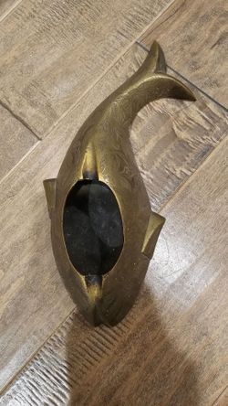 Vintage Etched Brass Fish Ashtray / Mid-Century Trinket Catchall Dish