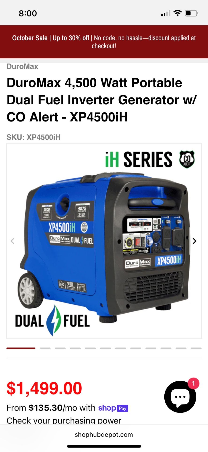 DuroMax 4,500 Watt Portable Dual Fuel Inverter Generator w/ CO Alert - XР4500iH
