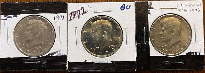 3 J F Kennedy 1971  Half Dollar Coins 1972, Bicentennial