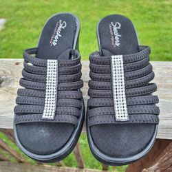 Skechers Womens Size 8 Cali Rumblers Wedge Heel Sandals Strappy Black Memory Foam