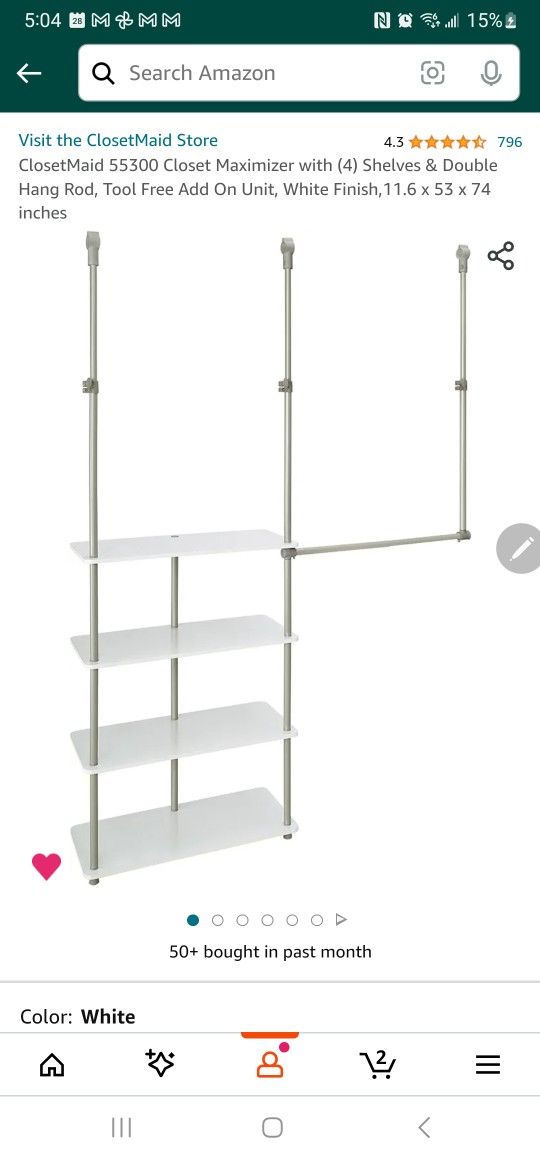 New In Box-ClosetMaid 55300 Closet Maximizer with (4) Shelves & Double Hang Rod, Tool Free Add On Unit, White Finish,11.6 x 53 x 74 inches


